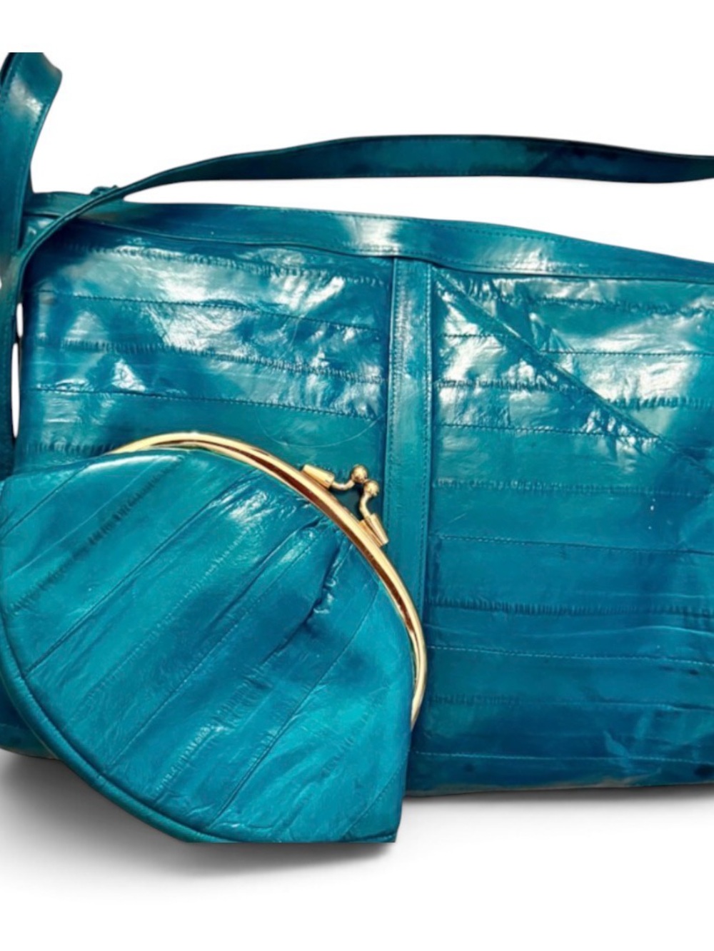 Vintage Lee Sands Teal Eel Skin Shoulder Bag Matching Coin Purse 2 Piece Set 80s